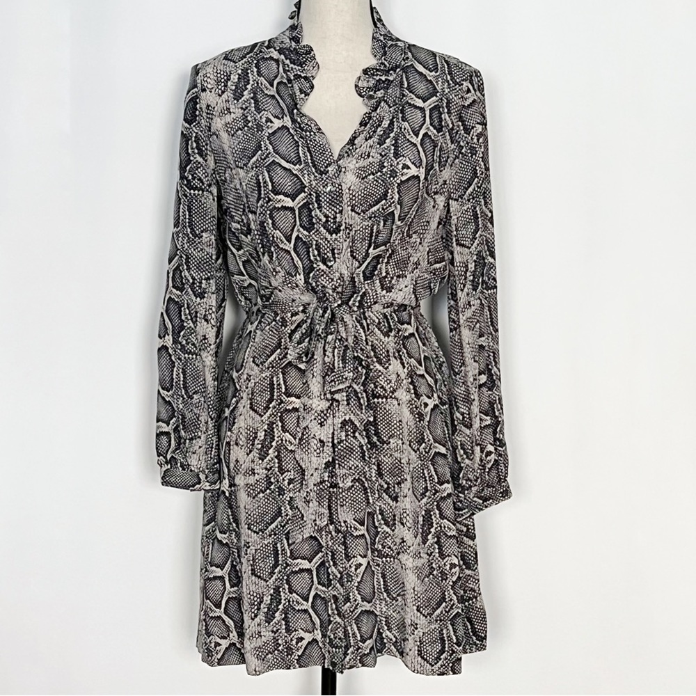 Rebecca Taylor Silk Tie-Waist Shirt Dress  Long Sleeve Snakeskin Print 4 Gray - Picture 4 of 16